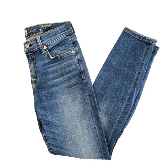 7 for all mankind the ankle skinny distressed denim blue jeans high rise size 26 - Picture 5 of 9